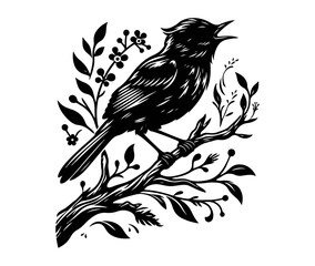 Black silhouette of flowering branches and birds. Spring background.. bird on a branch