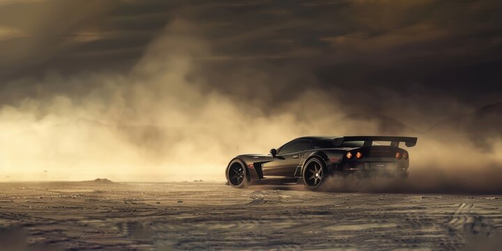 Black Corvette in a Desert Landscape