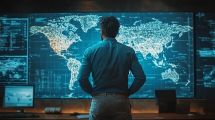 Man Analyzing World Map on Digital Screen