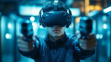 Young man using virtual reality headset in gaming environment