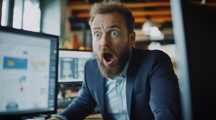 Obraz premium Surprised young man at work in modern office
