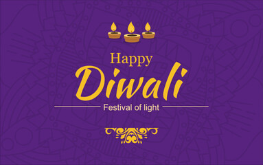 happy diwali banner template with purple mandala background