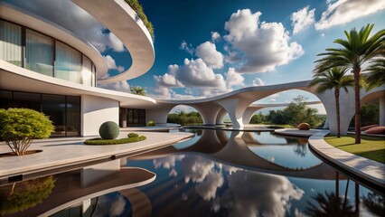 3d render surreal white minimal architecture background with geometric shapes, abstract fantastic design , landmark futuristic panoramic, futuristic scene with copy space, blue sky and cloudy.