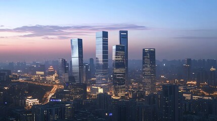 Obraz premium A panoramic view of a modern city skyline at dusk.