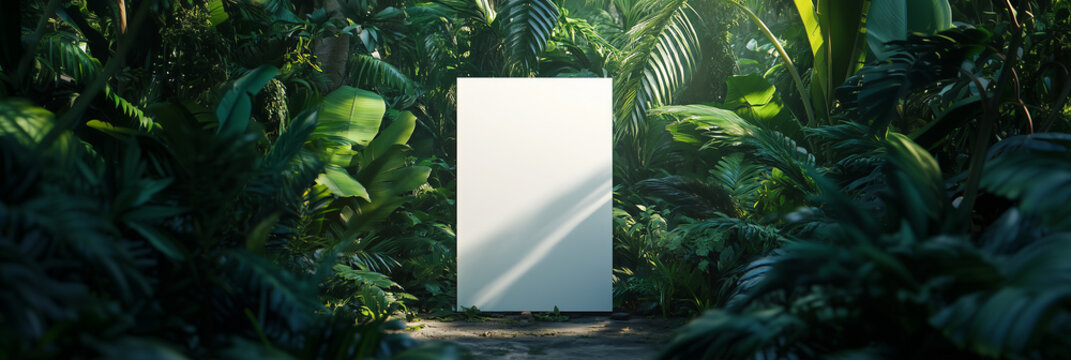 A blank poster mockup is positioned in a serene jungle, surrounded by rich foliage and illuminated by soft morning light, inviting artistic imagination and inspiration in the nature