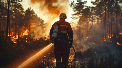 Naklejka premium Firefighter in Action Battling Wildfire