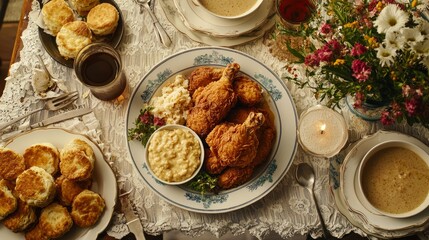 Delicious Southern Fried Chicken Dinner Spread with Biscuits and Gravy on Table for Advertisement Poster