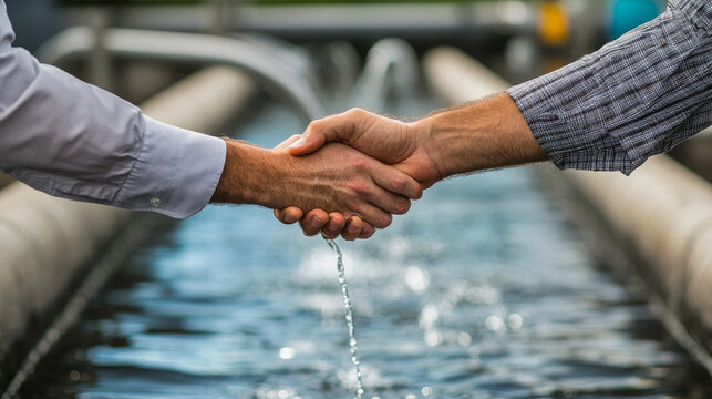 Entrepreneurs shaking hands over clean water reservoir, symbolizing collaboration and commitment to sustainable water solutions. This moment reflects trust and partnership in environmental initiatives
