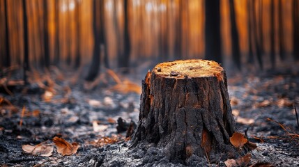 Fototapeta premium Focus on a scorched tree stump in a forest laid to waste by fire, with ash-covered ground surrounding it, symbolizing environmental destruction.