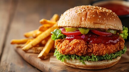 Delicious Fried Chicken Sandwich with Vibrant Toppings and Crispy Fries on Wooden Table Ad Poster