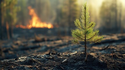 Fototapeta premium Focus on a single pine tree thriving against the odds in a burnt forest, with an active forest fire burning in the background, showing the devastation of nature.