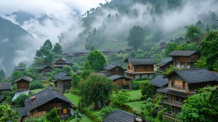 Beautiful Background of Rural Scenery in Mountain Villages: A Peaceful and Idyllic Retreat. Experience the Tranquility and Charm.