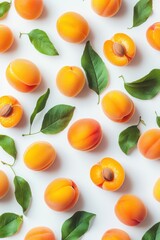 Fresh Apricots and Green Leaves Pattern on White Background - Vibrant Summer Fruit Arrangement
