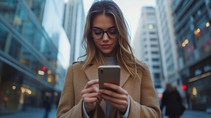 Fototapeta premium Woman Using Smartphone in Urban Setting
