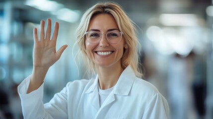 Fototapeta premium Smiling Female Scientist Waving in Laboratory