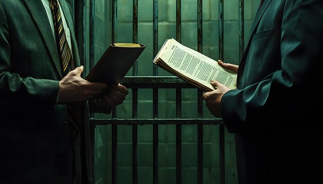 A jail cell door closing, with a lawyer and their client discussing the case with a law book in hand