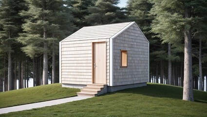 Obraz premium The cabin features a simple, rectangular design with a steeply pitched roof. The exterior is clad in light-colored wooden shingles, blending harmoniously with the natural surroundings
