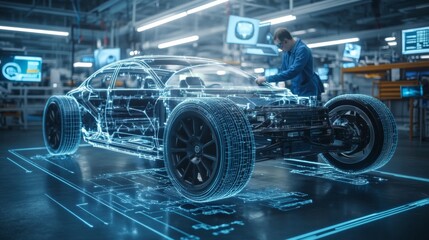 Obraz premium Futuristic Car Design in a High-Tech Workshop