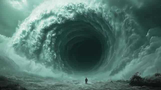 A man looks up and sees the clouds opening up to portal. man standing  to a portal sky