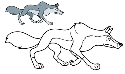 Wild cartoon wolf run forward color and outlined variation for coloring page isolated on white background