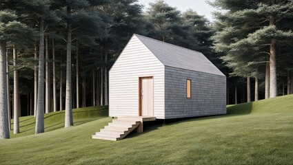 Obraz premium The cabin features a simple, rectangular design with a steeply pitched roof. The exterior is clad in light-colored wooden shingles, blending harmoniously with the natural surroundings