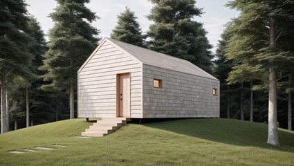 Obraz premium The cabin features a simple, rectangular design with a steeply pitched roof. The exterior is clad in light-colored wooden shingles, blending harmoniously with the natural surroundings