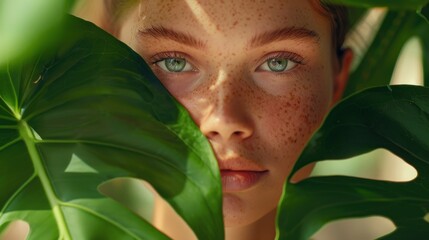 A woman with green eyes is standing in front of a large leafy plant