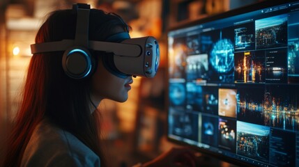 Young Woman Using Virtual Reality Headset and Computer