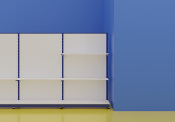 Supermarket shelves, podium display,  grocery shelf for retail shop. 3d rendering. 