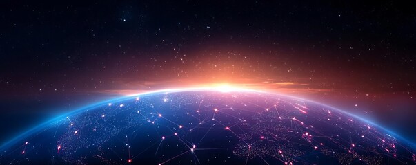 Obraz premium Earth from space during sunrise, cosmic network view.