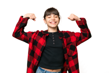 Little girl over isolated green chroma key background doing strong gesture