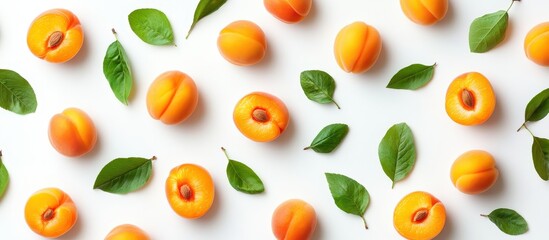 Fresh Apricots and Green Leaves Pattern on White Background - Vibrant Summer Fruit Arrangement
