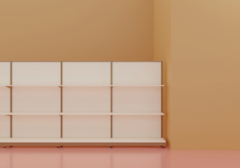 Supermarket shelves, podium display,  grocery shelf for retail shop. 3d rendering. 