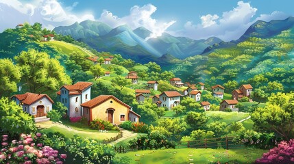 Obraz premium Beautiful Background of Rural Scenery in Mountain Villages: A Peaceful and Idyllic Retreat. Experience the Tranquility and Charm.