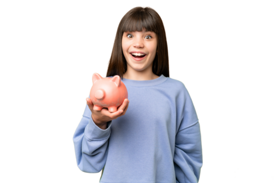 Little girl holding a piggybank over isolated chroma key background with surprise and shocked facial expression