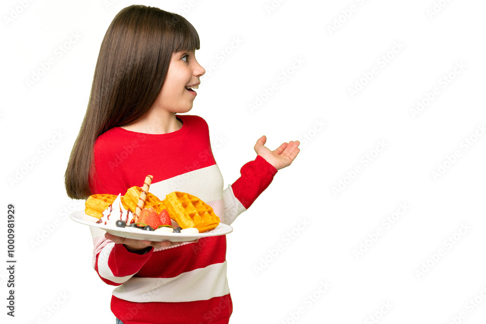 Poster Little girl holding waffles over isolated chroma key background with surprise expression while looking side