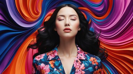 A serene woman with closed eyes wears a bright floral jacket, immersed in a world of swirling colors and patterns that evoke creativity and tranquility