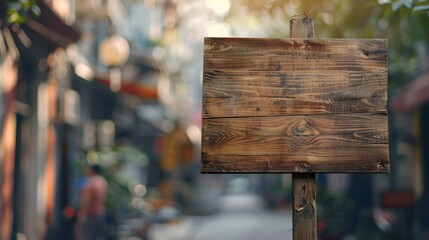 Blank Wooden Sign Against a Blurred Street Background