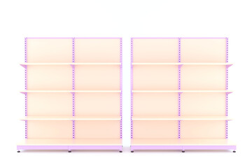 Empty supermarket shelves, podium display,  grocery shelf for retail shop. 3d rendering.