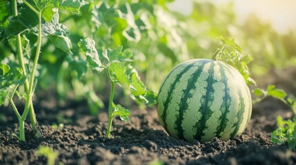 Close-Up of Ripe Green Watermelon Growing on Garden Soil