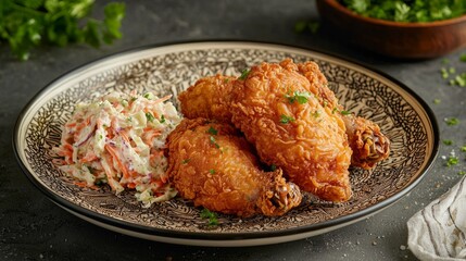 Fototapeta premium Crispy Fried Chicken with Creamy Coleslaw - Gourmet Dishes Advertisement Photography