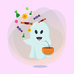 Cute ghost character with cauldron and sweets on abstract background. Halloween banner design. Celebration, holiday, party concept. Vector illustration for invitation or poster