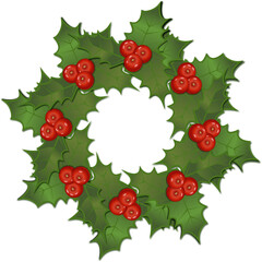 christmas wreath with holly and berries, printable, isolated on transparent background