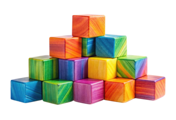 Stack of multicolored wooden blocks isolated with transparent background.