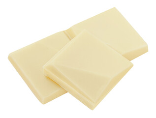 White chocolate bar pieces isolated on white background. Flying Milk chocolate top view. Flat lay. .