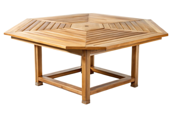 Wooden hexagonal outdoor table isolated with transparent background.