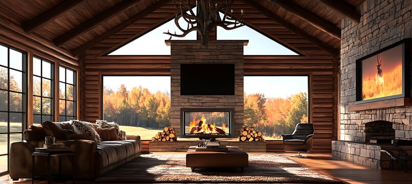 A warm, rustic cabin interior with a large area for text