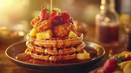 Delicious Fried Chicken and Waffle Stack with Fresh Fruit and Syrup in Cozy Breakfast Setting Advertisement Poster