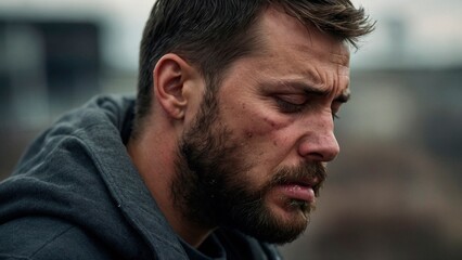 Obraz premium A close-up expressive photo portrait of distressed worried crying bearded man person with suffering expression on his face. Pain, problems, headache, migraine, loss, grief, suffer illustration.