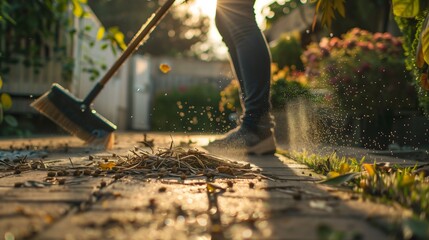 A man sweeping leaves and debris from a clean outdoor pathway with a broom, maintaining the sidewalk and yard in a green urban environment, showcasing the importance of landscape upkeep and cleanlines